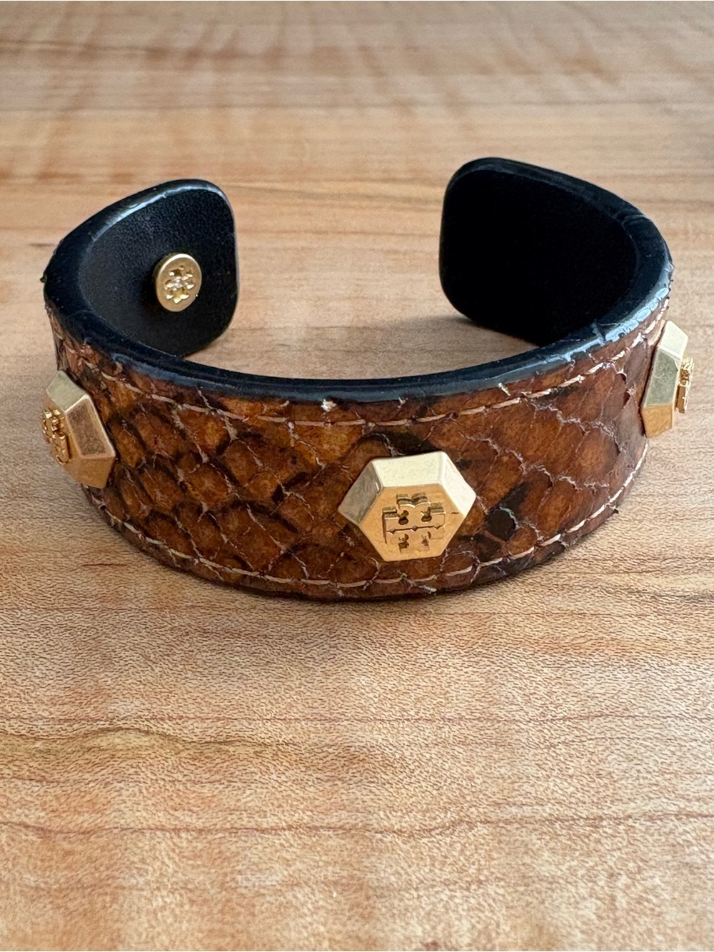 Tory Burch Brown Snake-Textured Leather Cuff Bracelet with Gold Hex Logo Studs